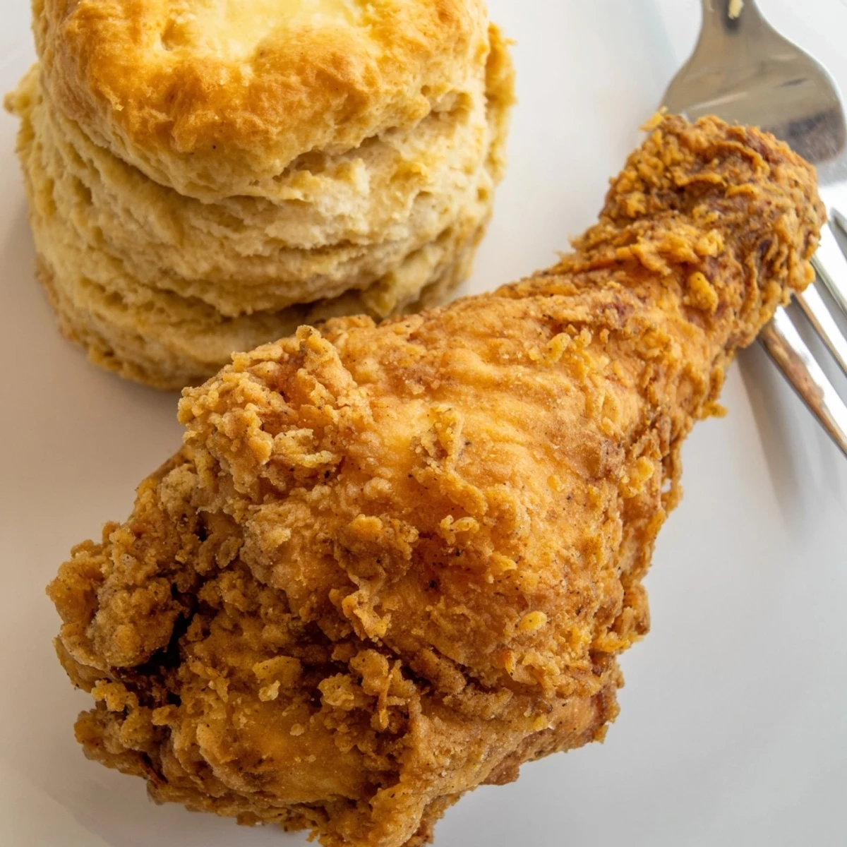 Crispy Southern fried chicken with buttery biscuits served on a rustic platter.  
