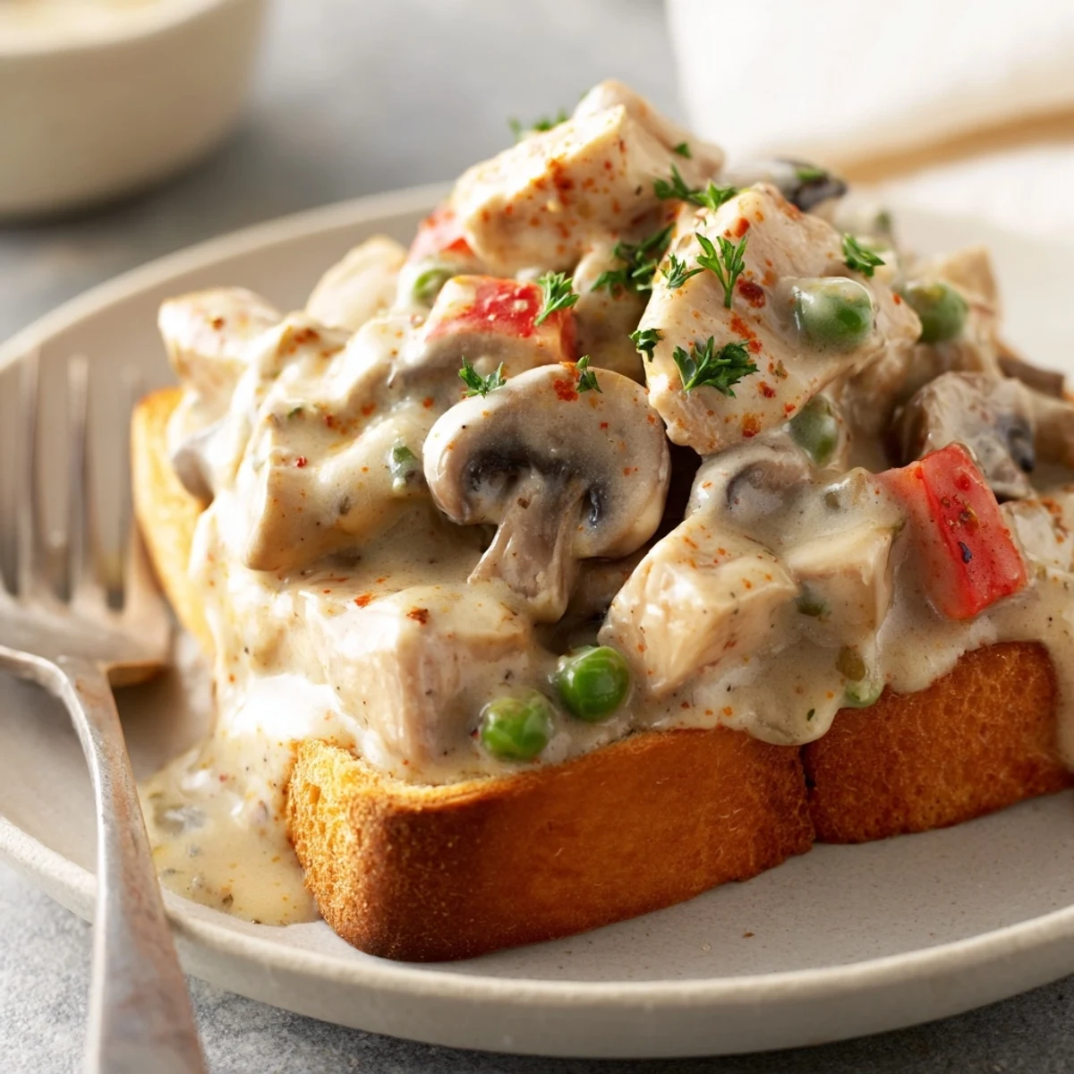 Savory chicken à la king with peppers and peas atop delicious toasted bread.  