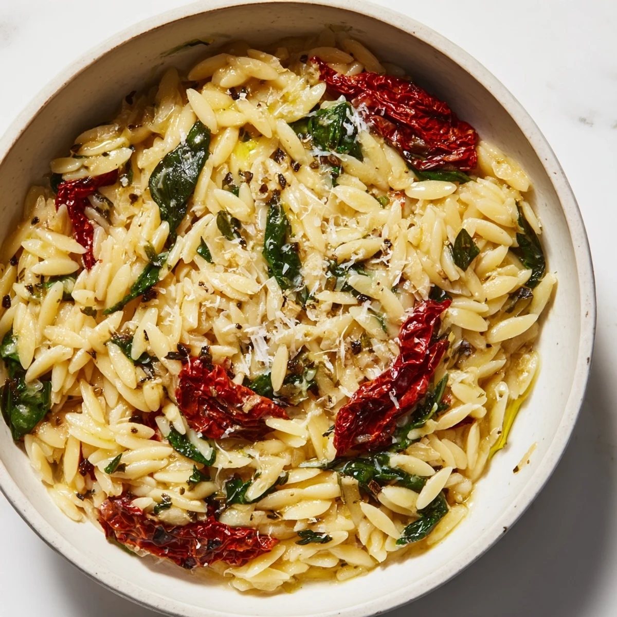 Creamy Tuscan Orzo Bowl infused with garlic, spinach, and sun-dried tomatoes for flavor.  