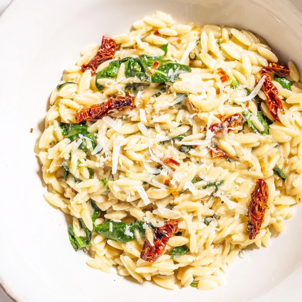 Comforting Creamy Tuscan Orzo Bowl garnished with Parmesan, served hot and flavorful.  