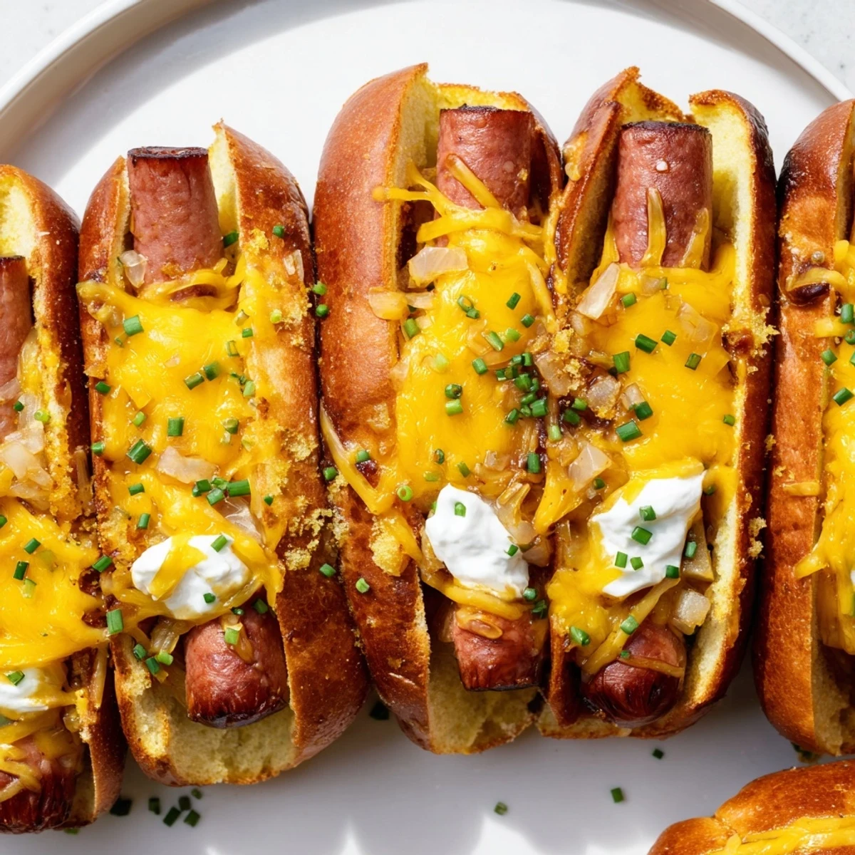 Hot, freshly baked Chili Dog Casserole, featuring melted cheese and browned hot dog buns.