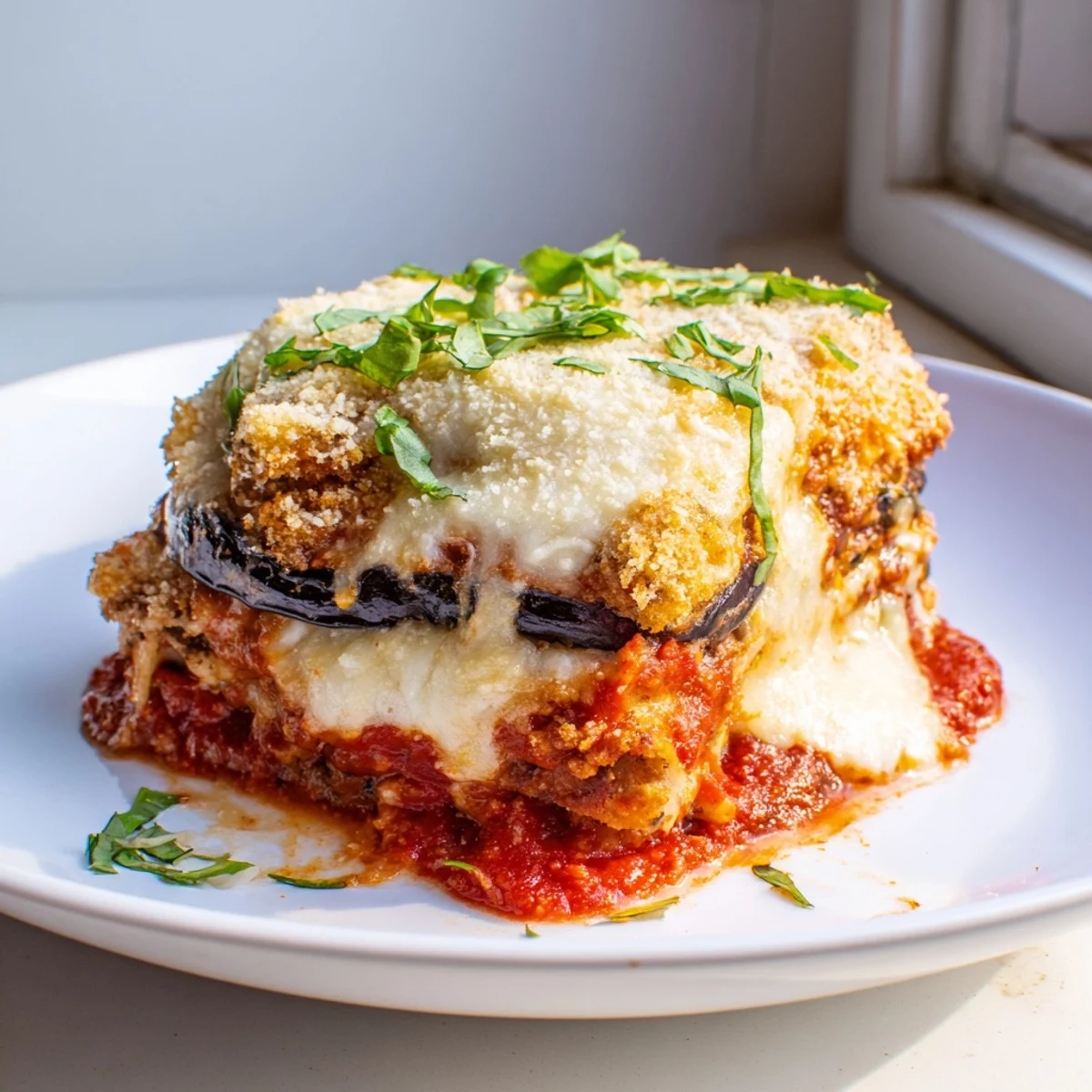Golden-brown Eggplant Parmesan Lasagna, layered with cheese and a rich tomato sauce, ready to serve.
