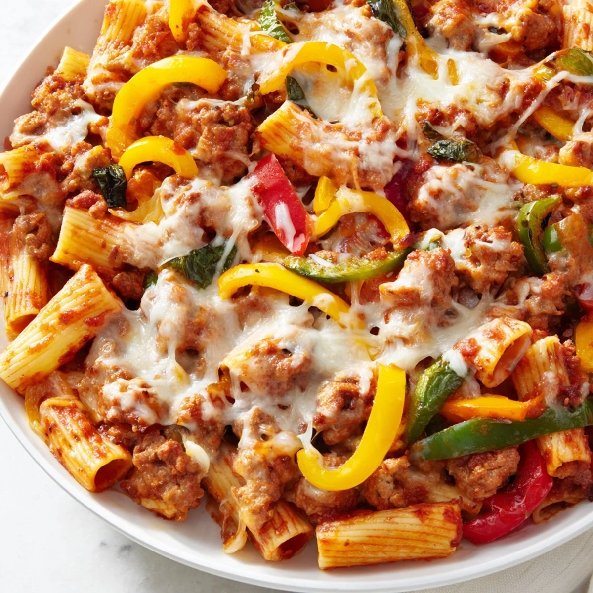 Baked Rigatoni with Sausage & Peppers, bubbling hot, cheese pull, perfect comfort food, ready to serve.