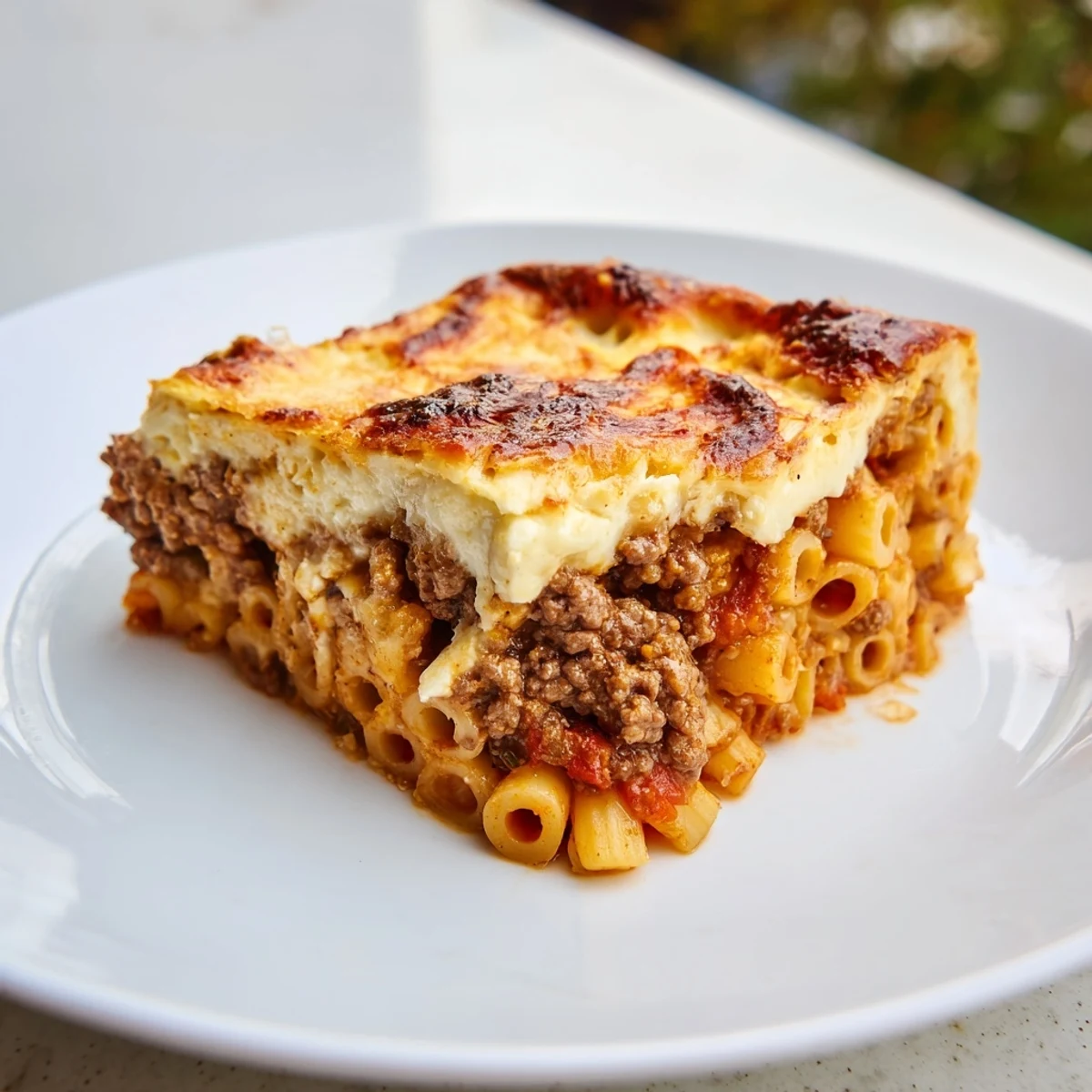 Golden, bubbly Greek Pastitsio, a comforting baked casserole with layers of pasta and meat.