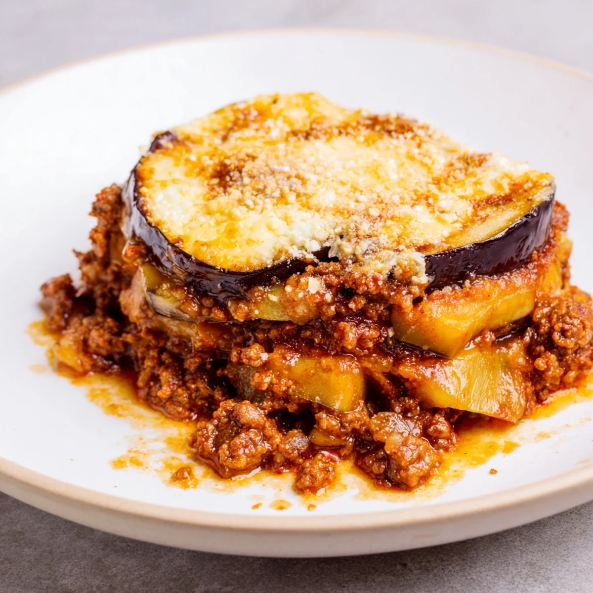 Golden-brown Moussaka with beef and eggplant, bubbling hot, a classic Greek comfort food dish.