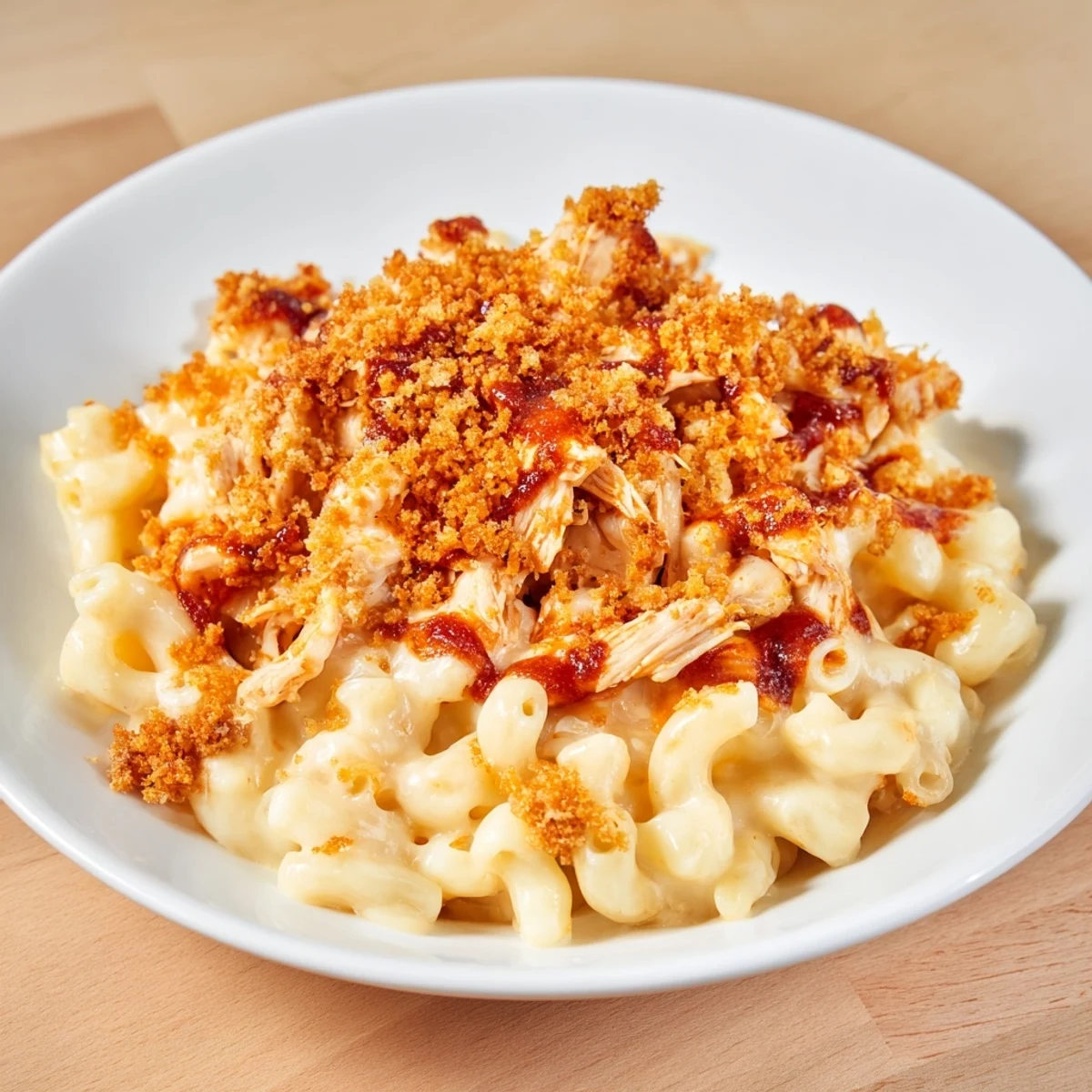 Golden-brown Classic Mac & Cheese with BBQ Chicken, a family favorite bubbling hot from the oven.