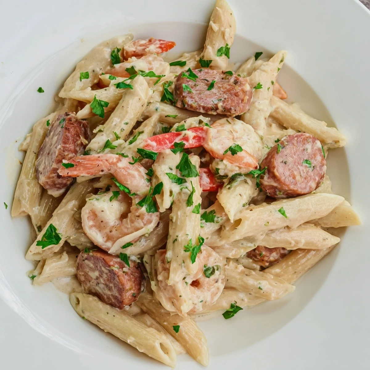 Smoky and delicious Cajun Sausage & Shrimp Alfredo Pasta Skillet, a one-pan meal, ready to serve.