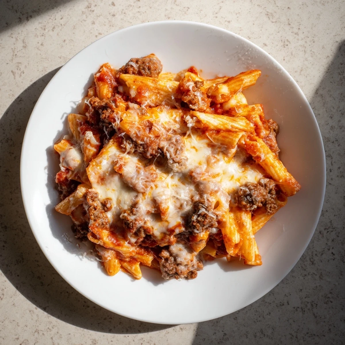 A close-up shot of the Cheesy Beef & Penne Bake, showcasing the melted cheese topping and hearty beef.