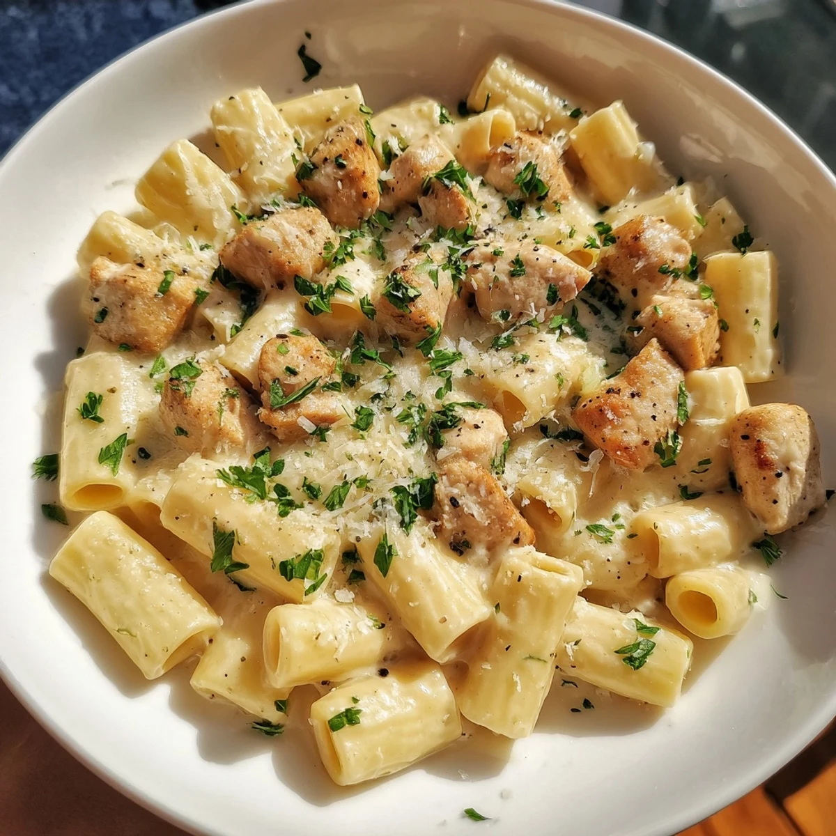 A close-up shot of rich and flavorful creamy garlic Parmesan chicken rigatoni, invitingly delicious.