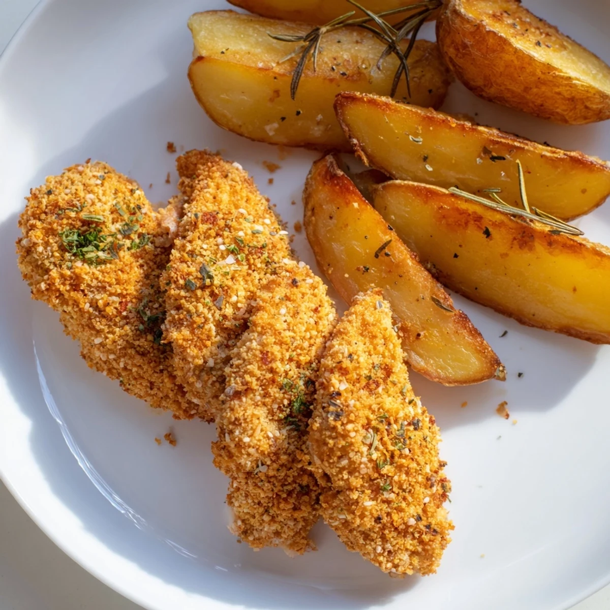 Golden-brown herbed chicken tenders and potato wedges; a flavorful and wholesome American dinner.