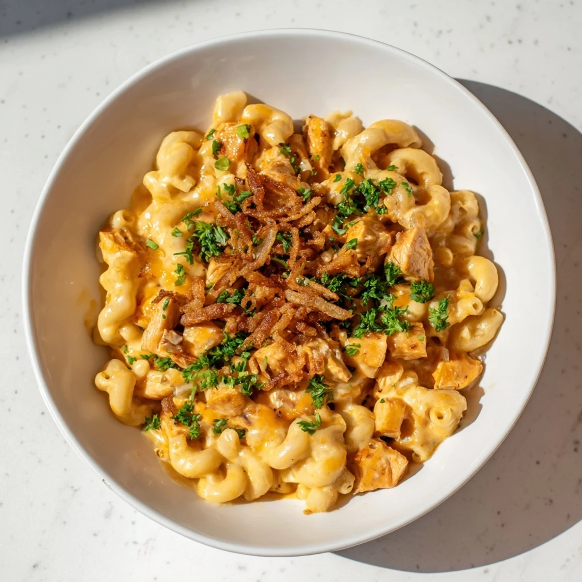 Steaming hot One-Pot Honey BBQ Chicken Mac and Cheese, creamy with melted cheese and tender chicken visible.