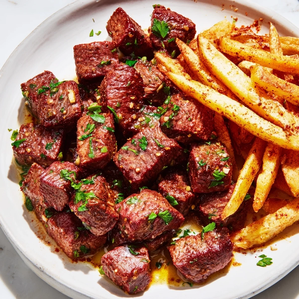 Tender Blackened Cajun Steak Bites glistening with butter, served alongside a pile of golden, crispy fries.