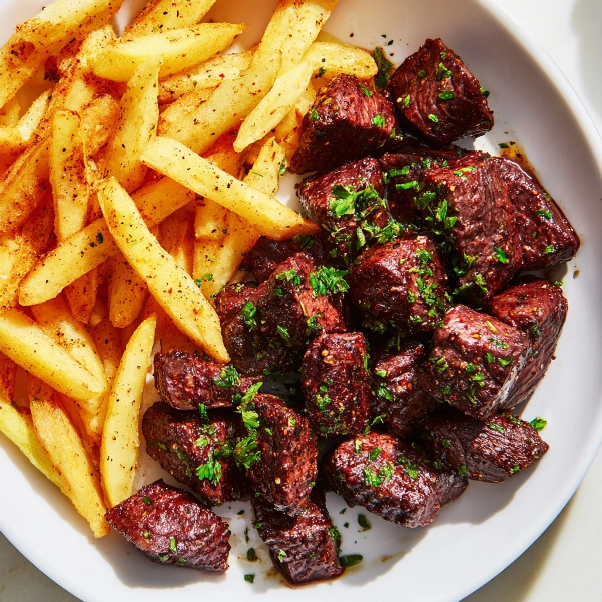 Perfectly seared Blackened Cajun Steak Bites, offering a spicy kick, ready to enjoy with a side of hot fries.