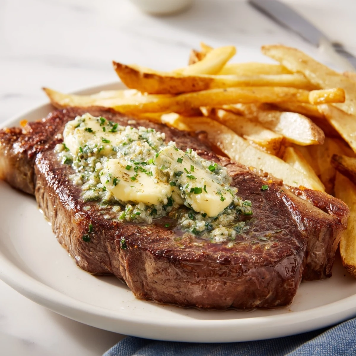 Juicy Steakhouse Garlic Butter Steak & Fries, with glistening garlic butter melting over a perfectly seared steak.