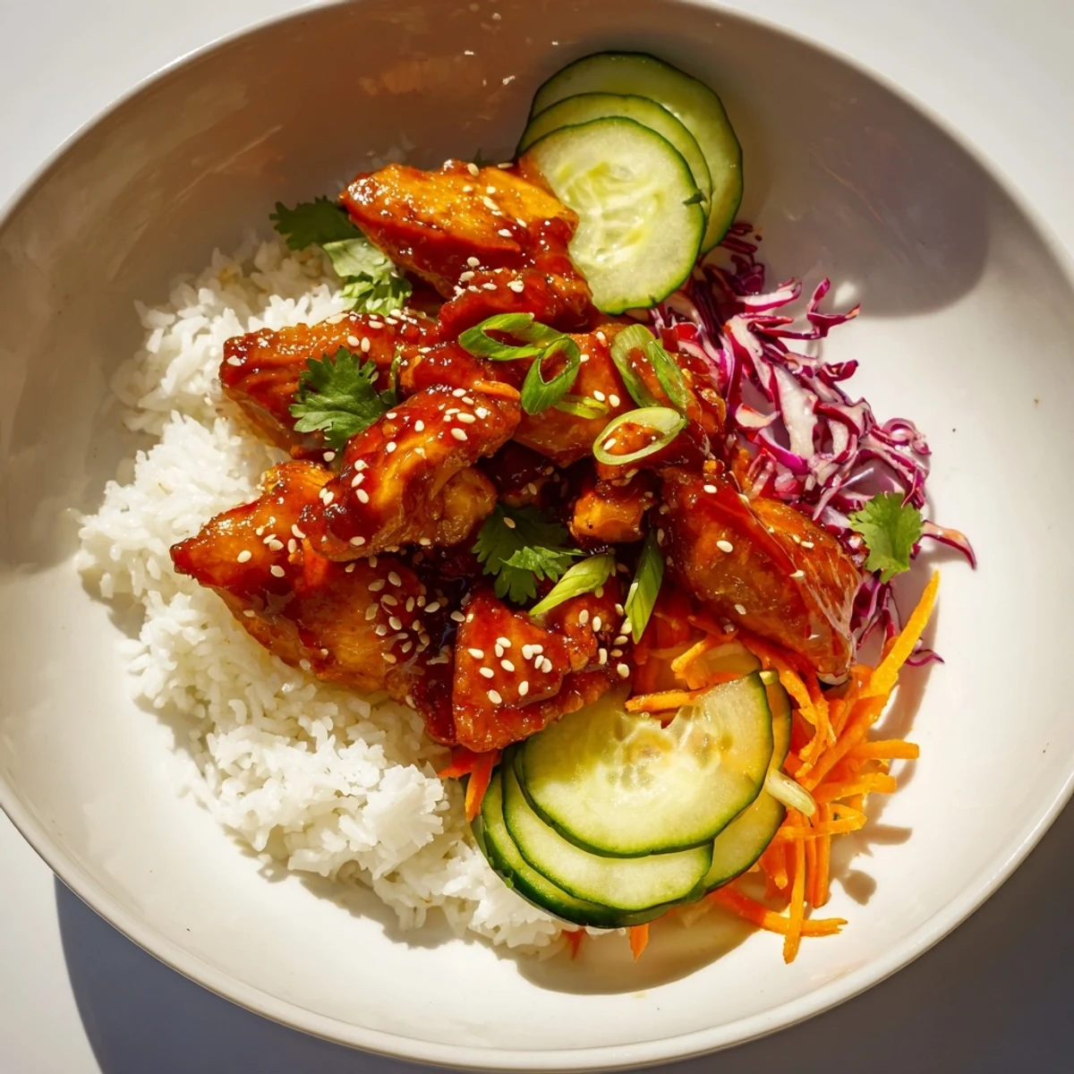 Tender Sriracha Honey Chicken Rice Bowl, glistening in a sweet and spicy sauce with fresh crunchy vegetables.