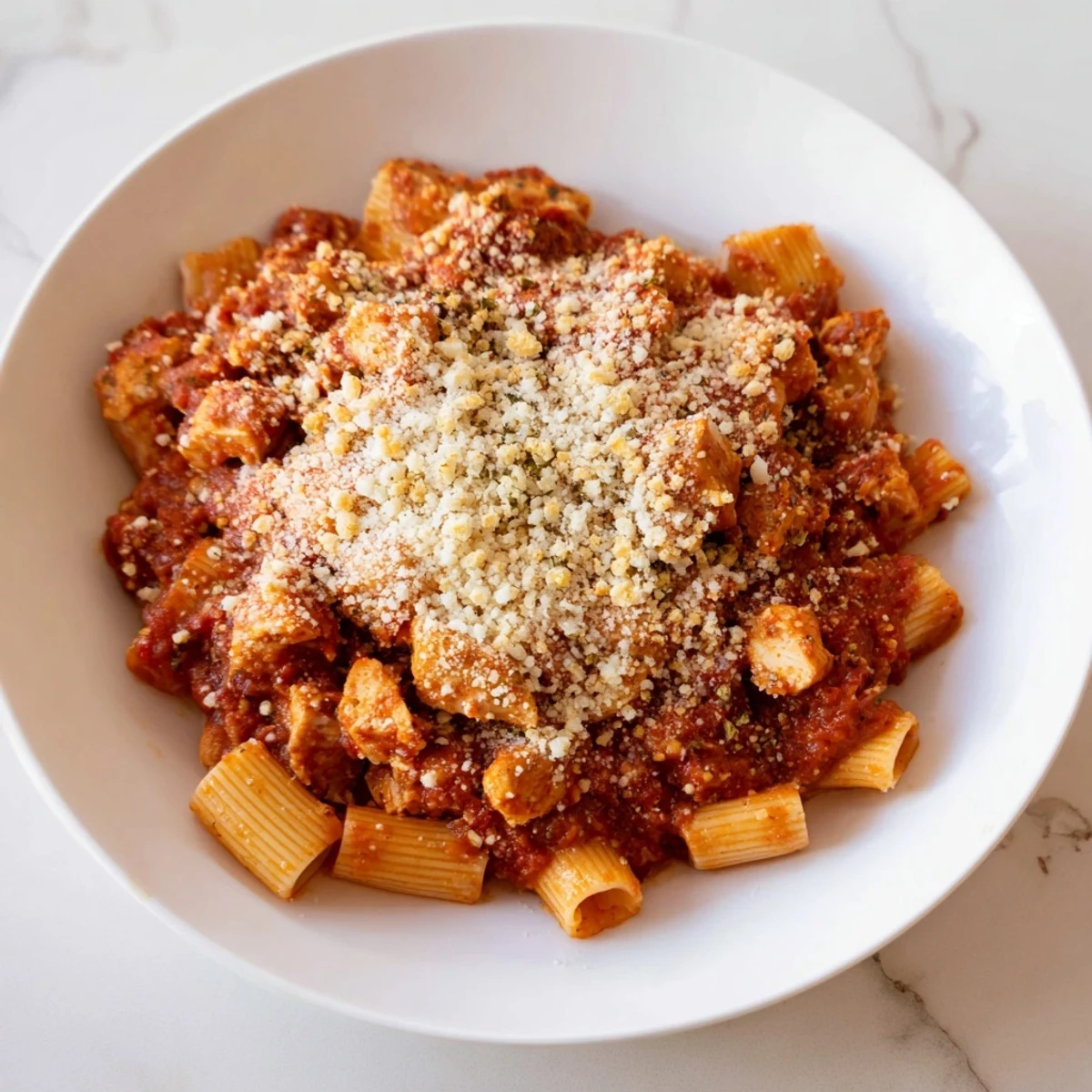Enjoy a hearty serving of Baked Chicken Parmesan Pasta, smelling of Italian herbs and fresh marinara.