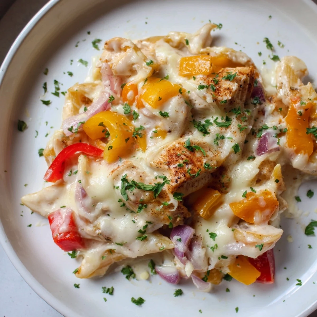 Cajun Chicken Pasta Bake, a bubbly casserole with melted cheese, chicken, and pasta, ready to serve and enjoy.