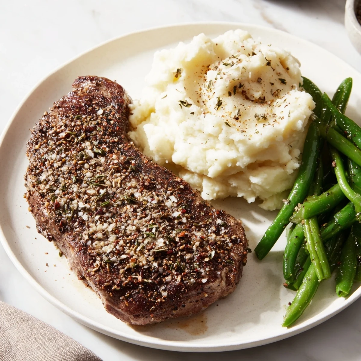 Juicy steak and creamy garlic mash sheet pan meal, ready for serving with green beans.