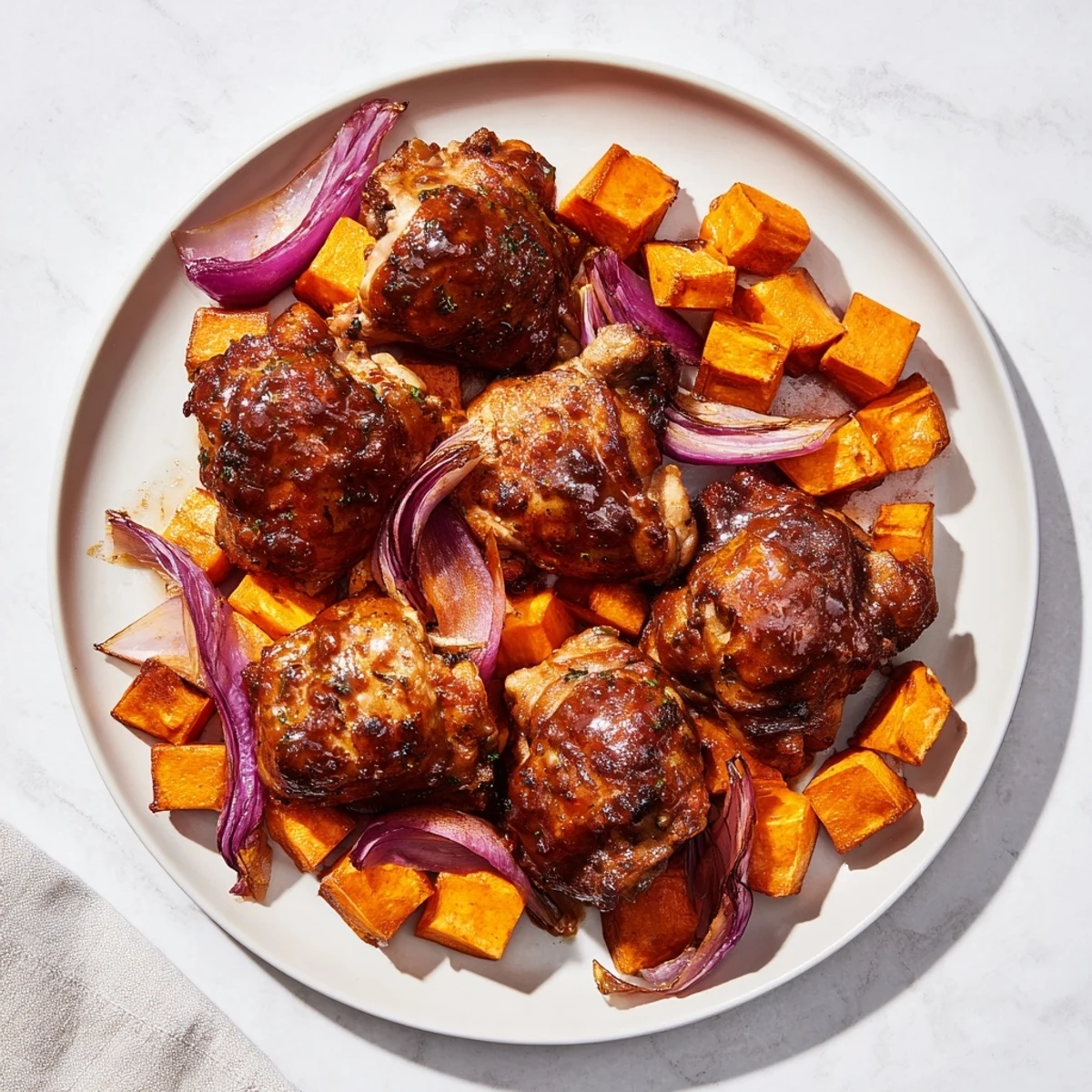 A close-up of a flavorful Maple Glazed Chicken & Sweet Potato Bake, showcasing roasted chicken and sweet potatoes.