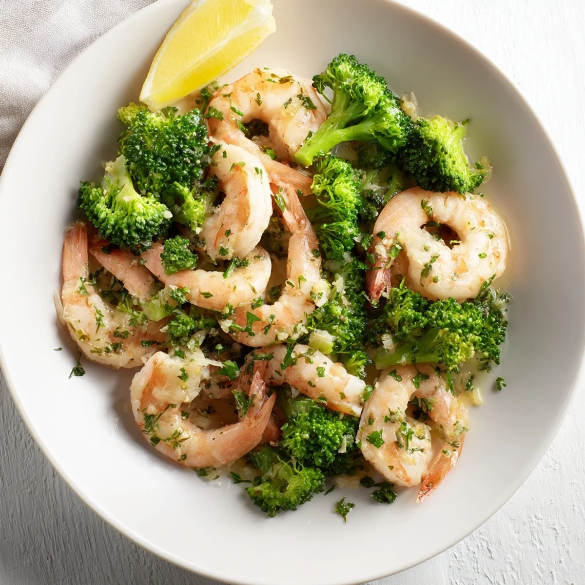 Vibrant Lemon Butter Shrimp & Broccoli with bright green broccoli florets and tender, cooked shrimp.