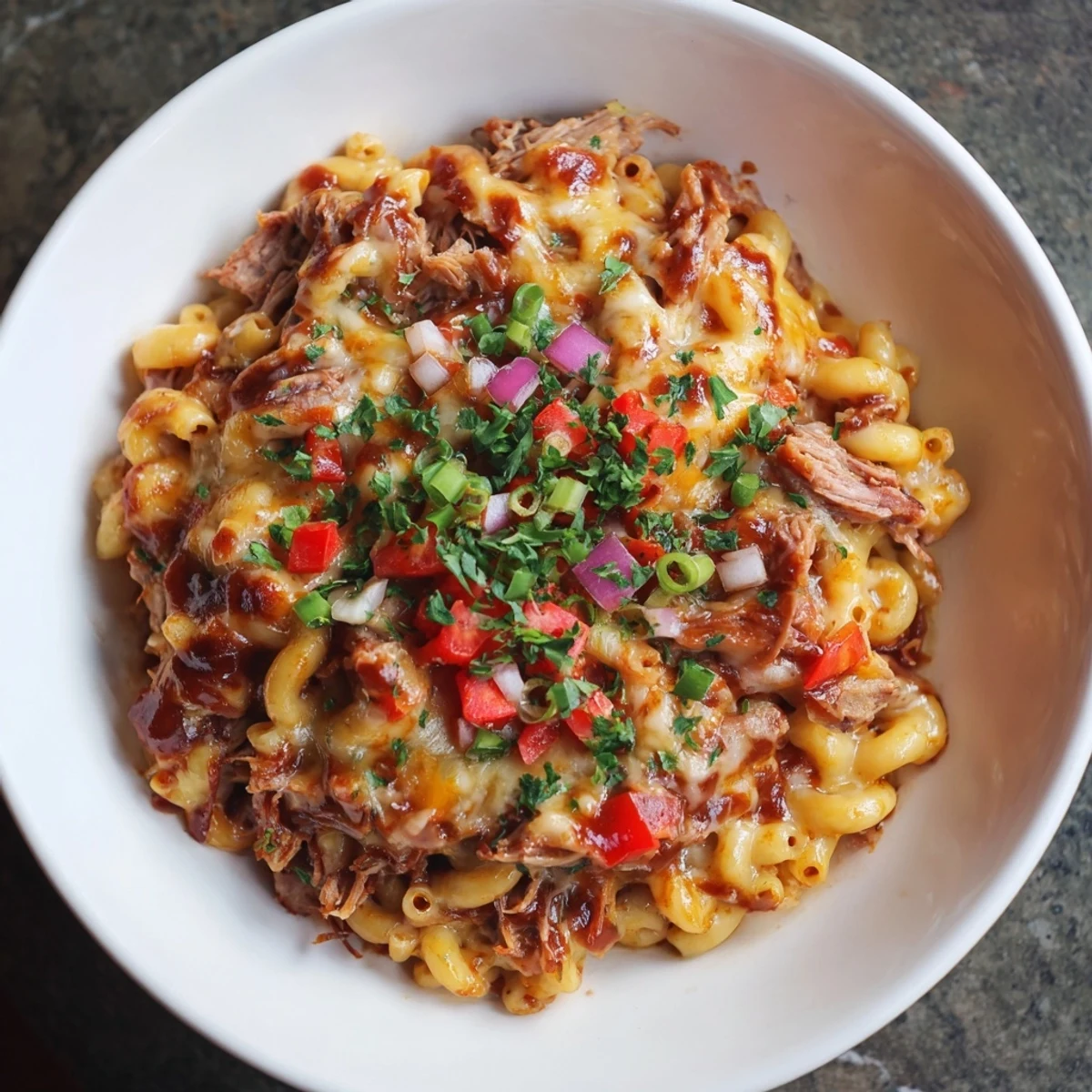 Steaming hot BBQ Rib Macaroni Skillet, bubbling cheese, ready for a hearty family meal.