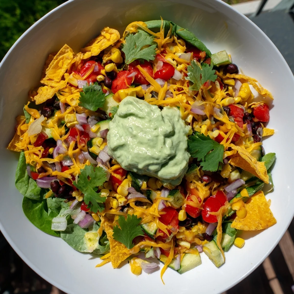Colorful, sizzling Veggie-Packed Taco Skillet with avocado yogurt creating a creamy, delicious sauce.