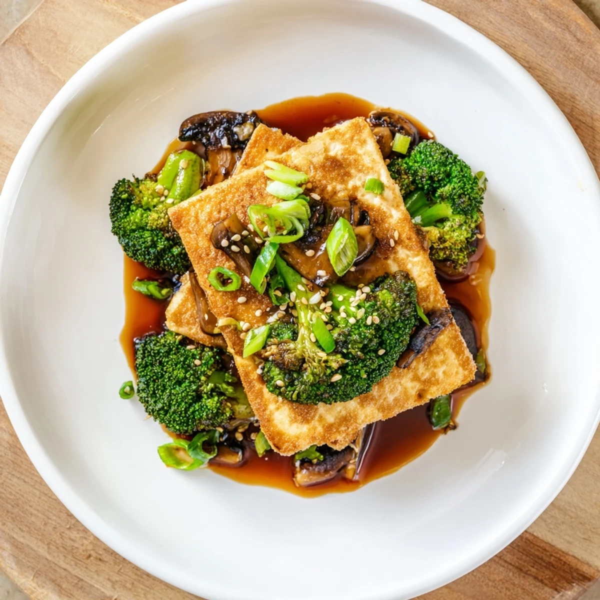Delicious sautéed tofu steak with tender vegetables, garnished with sesame seeds, ready to be enjoyed.