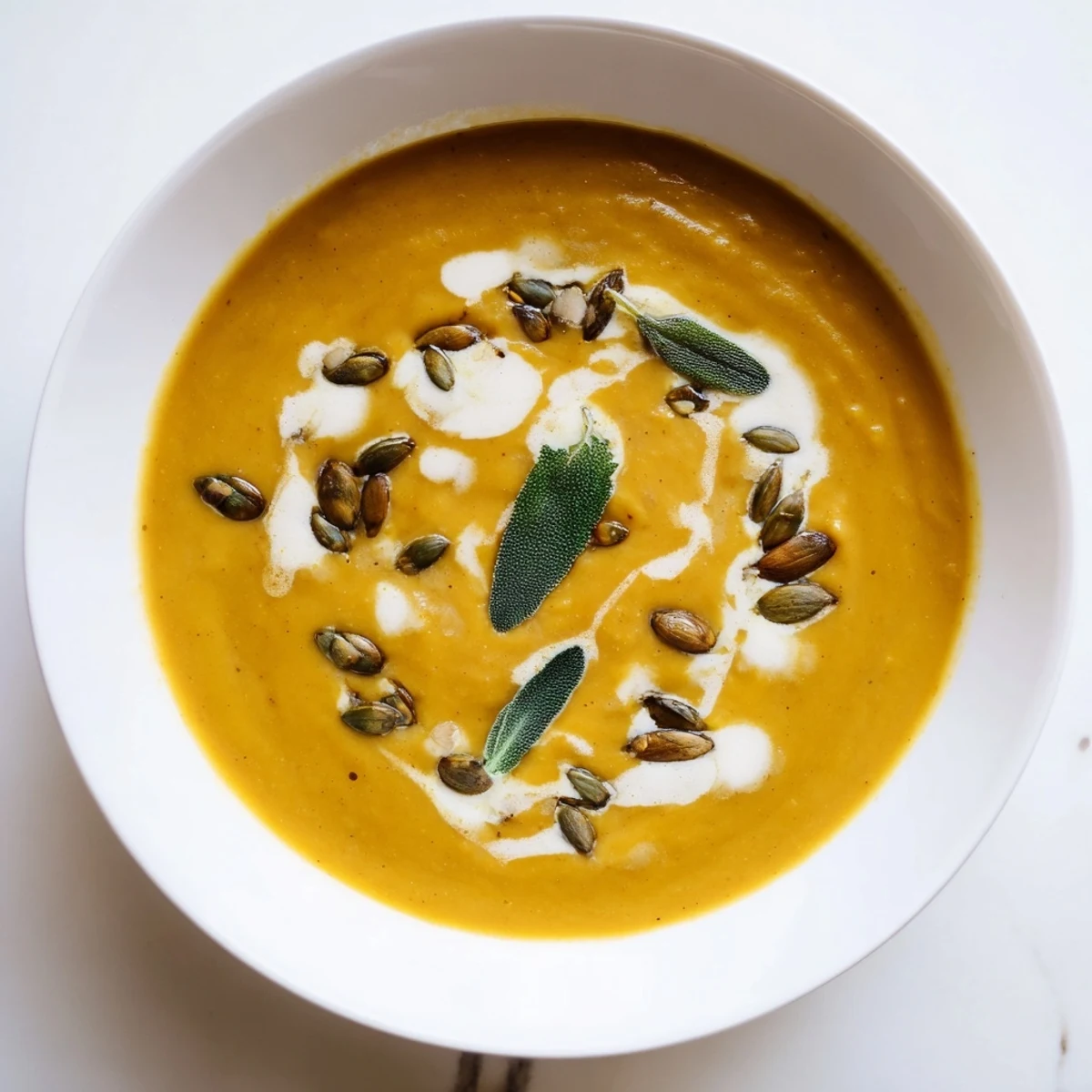 Warm, golden Chickpea, Pumpkin & Sage Soup garnished with toasted pumpkin seeds, a comforting vegan delight.