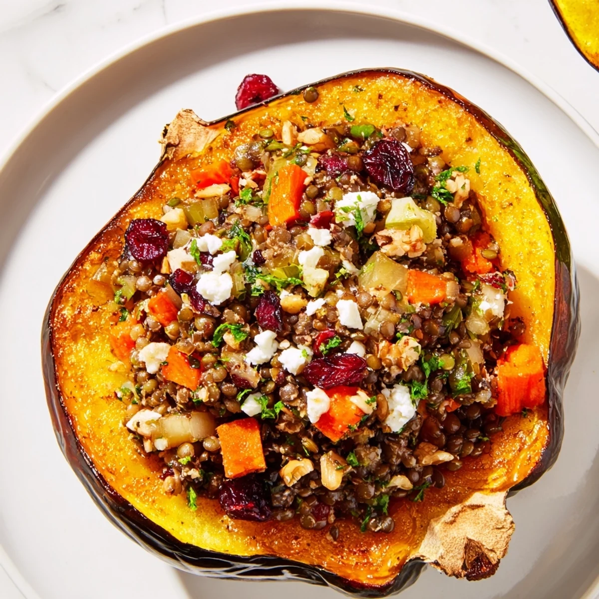 Steaming acorn squash halves stuffed with savory lentil and walnut mixture, ready for a warm meal.