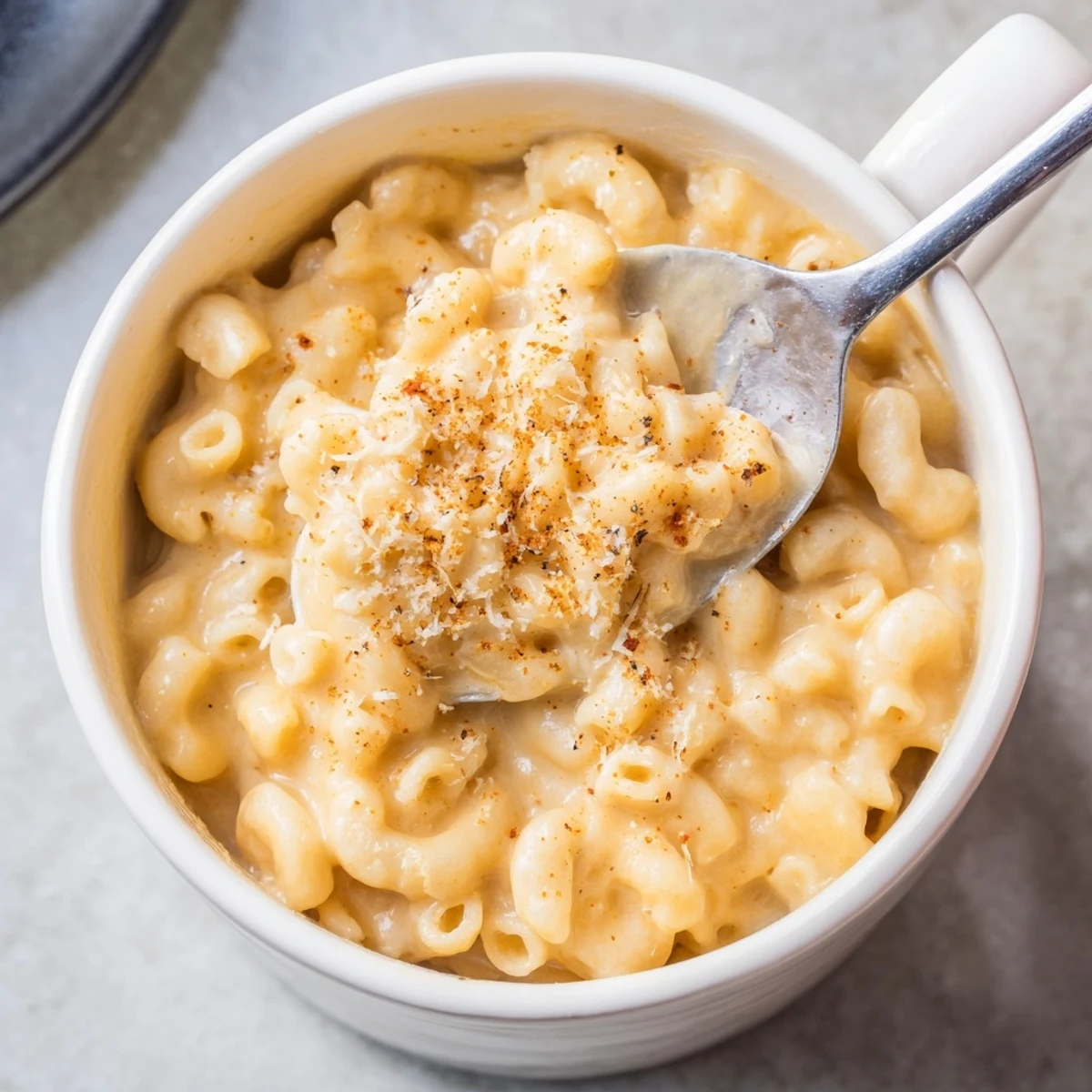 Steaming hot bowl of mug mac and cheese, oozing melted cheddar, ready for a quick bite.