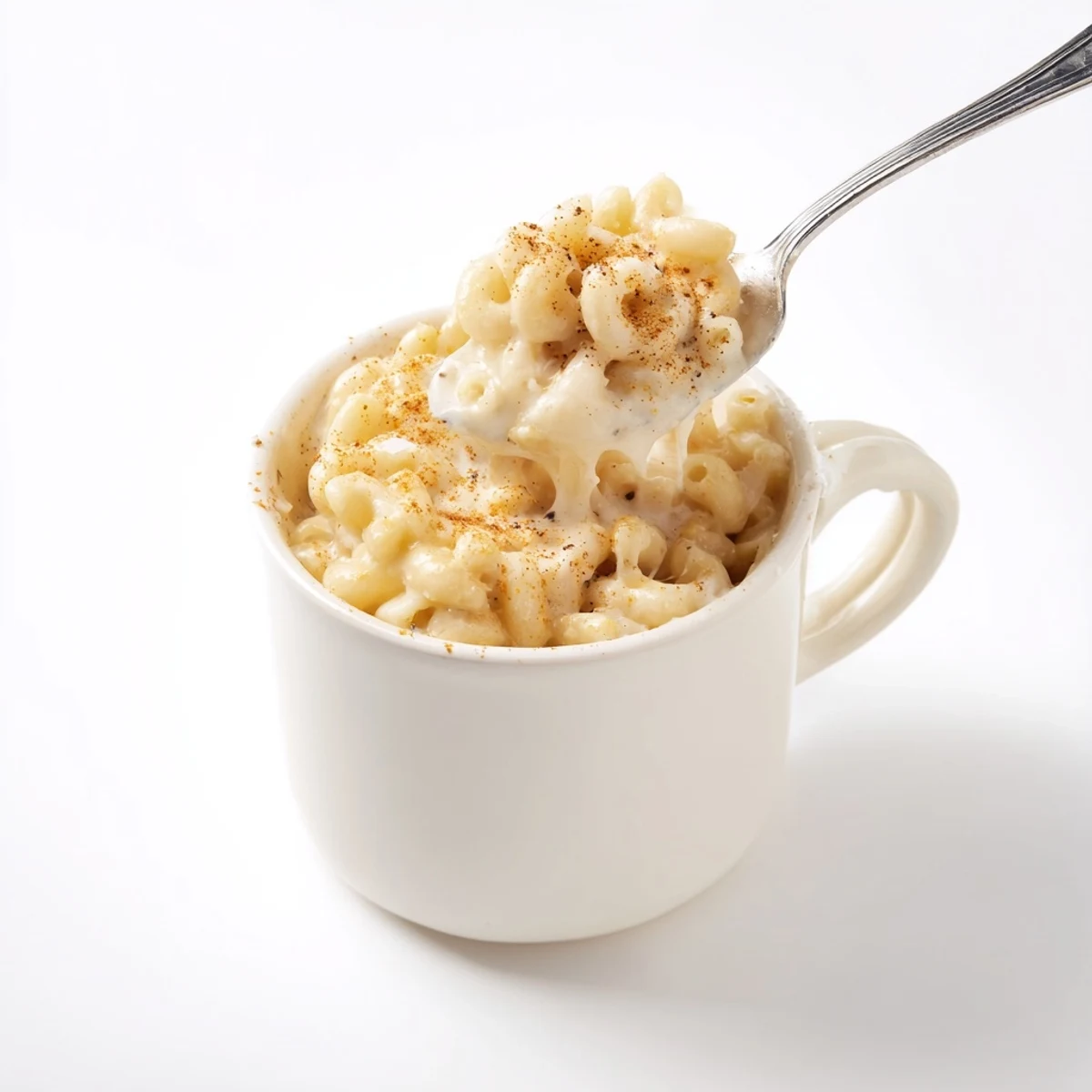 Homemade mug mac and cheese, sprinkled with Parmesan, offering comforting, cheesy deliciousness.