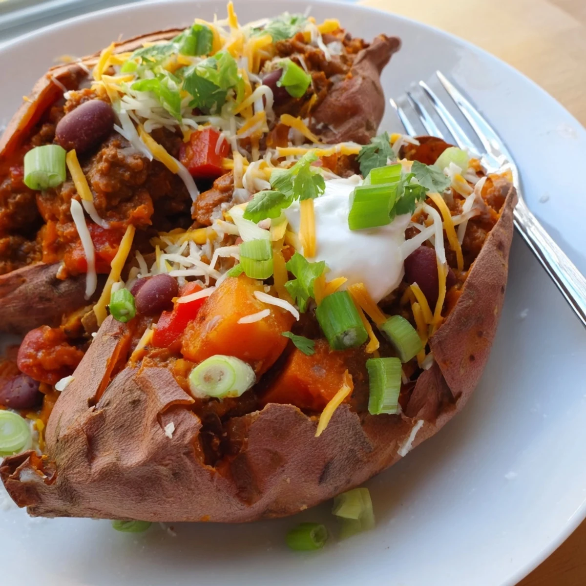 Baked Sweet Potato Stuffed with Chili, a delicious meal with a steaming, savory chili filling.