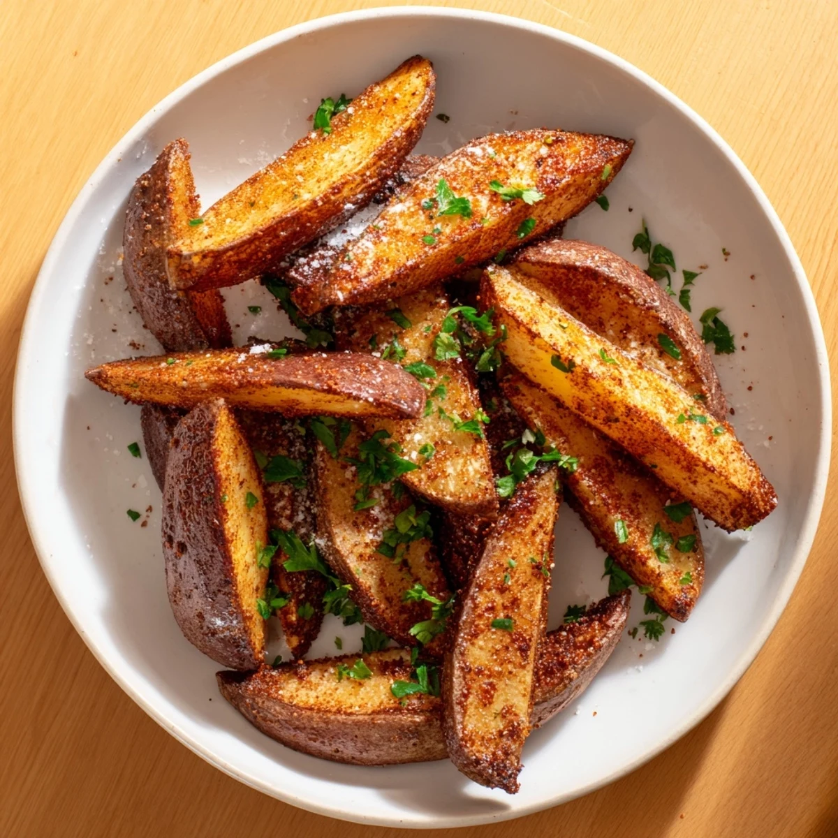 Golden-brown 15-minute microwave crispy potatoes, beautifully seasoned and ready for serving with fresh parsley.