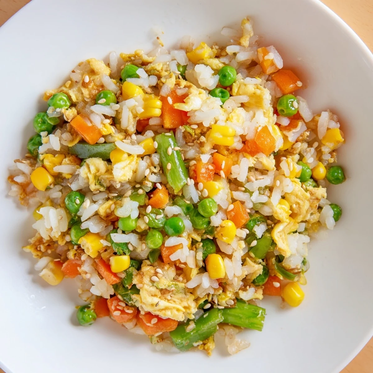 The sizzling pan of Frozen Veggie Fried Rice showcases tender vegetables and perfectly cooked rice.