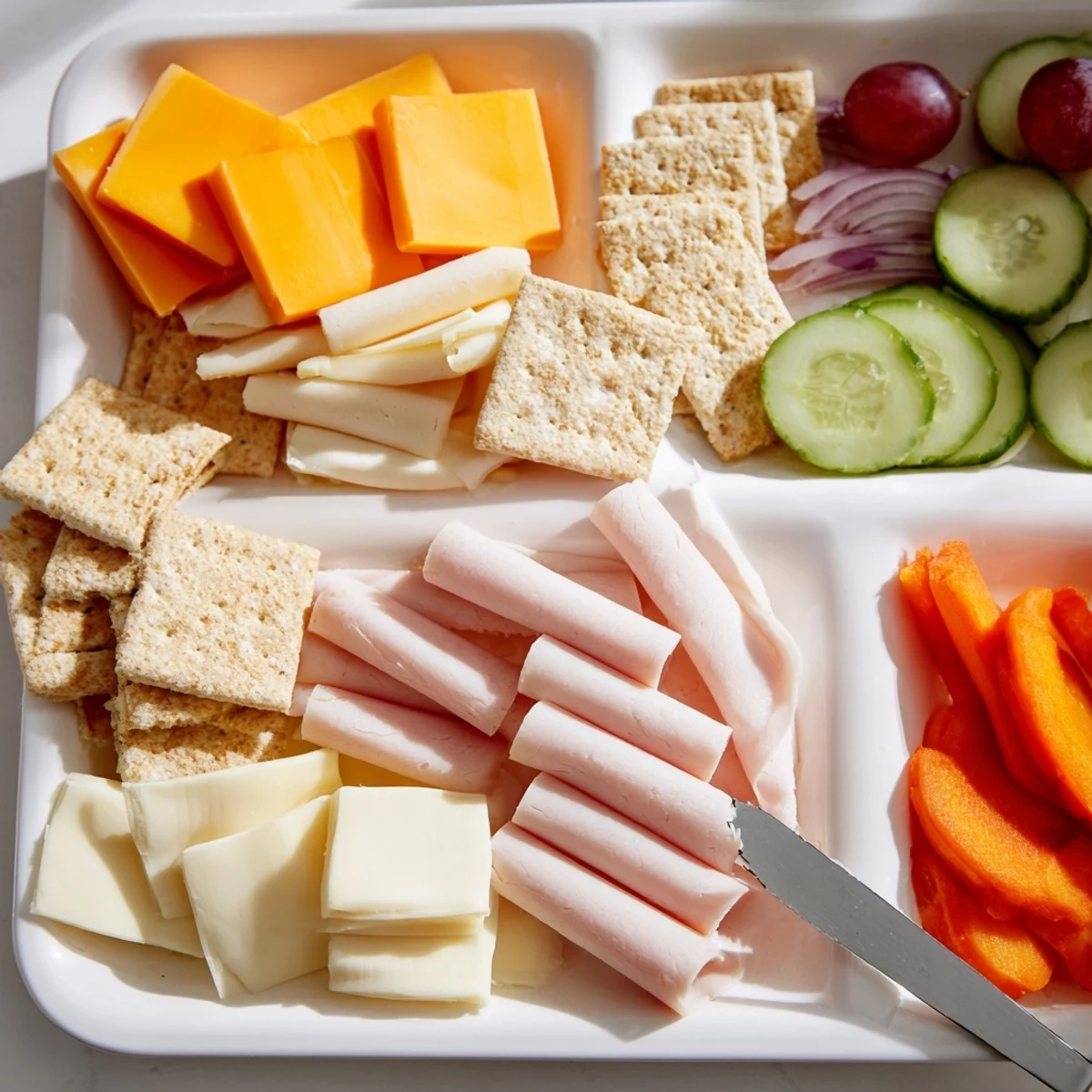 DIY Lunchables tray with ham, cheese, crackers, and grapes; a colorful, easy lunch idea.