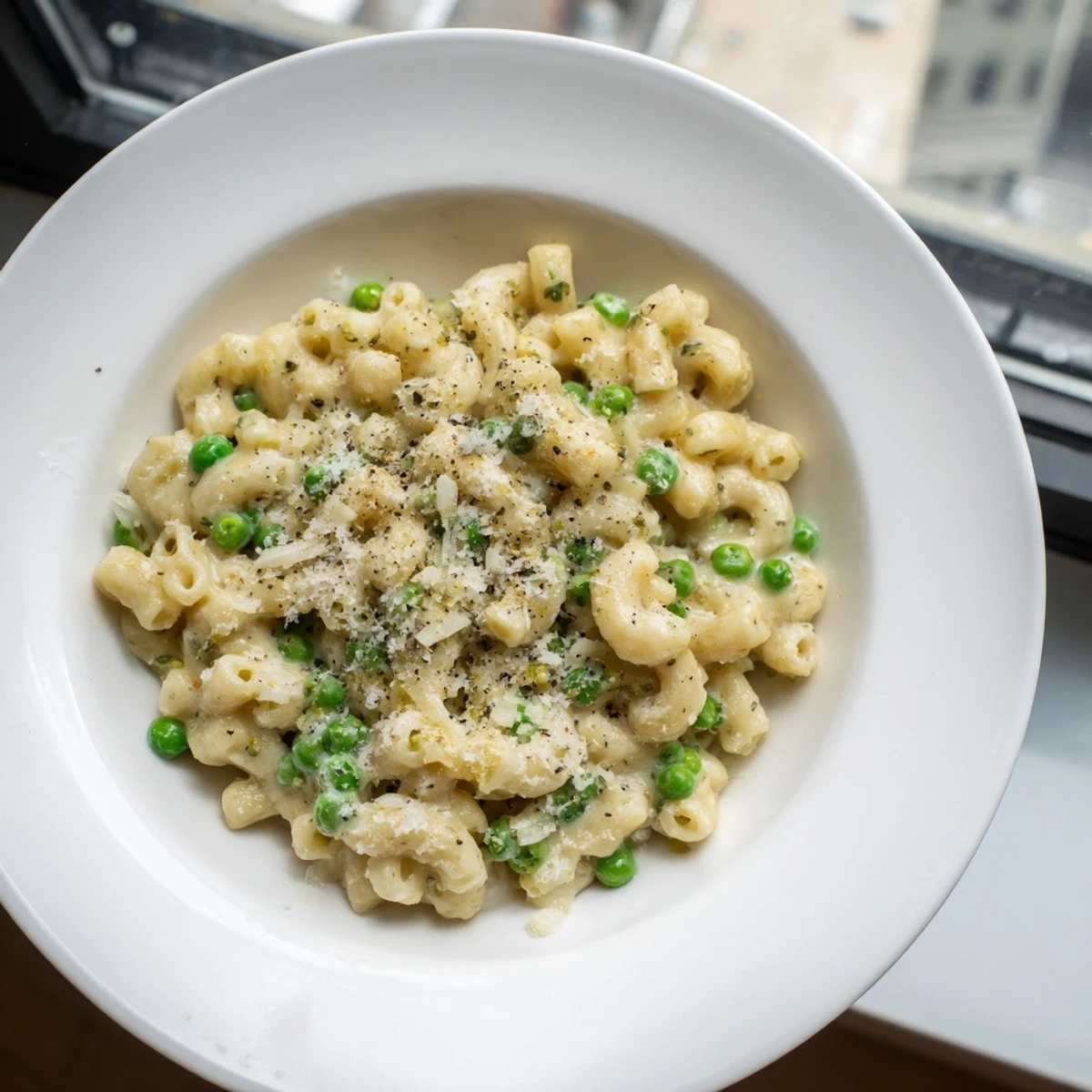 A steaming bowl of creamy macaroni & peas, perfect for a cozy weeknight dinner.