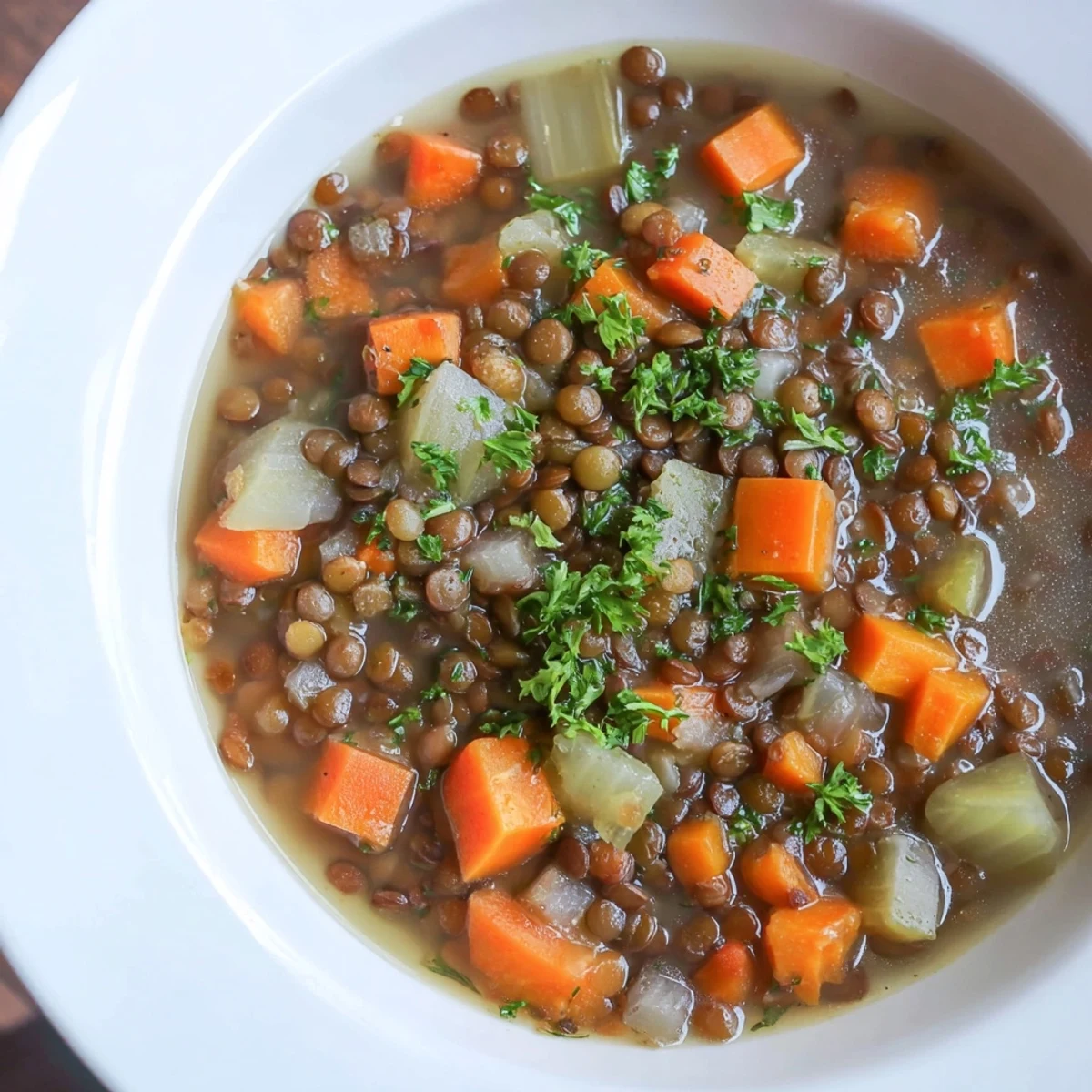 Steaming bowl of Lentil Soup with carrots and celery, garnished with fresh herbs, ready to serve.