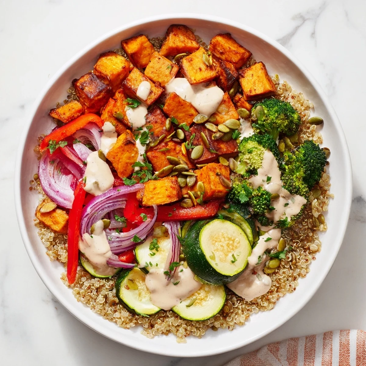 A colorful Quinoa Bowl showcases caramelized roasted vegetables atop fluffy quinoa, ready to eat alongside a zesty dressing.