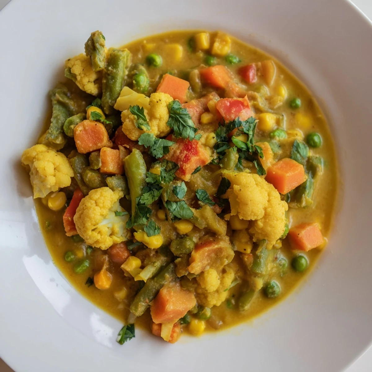 Enjoy a comforting plate of warm Veggie Coconut Curry, bursting with Indian-inspired flavors and spices.