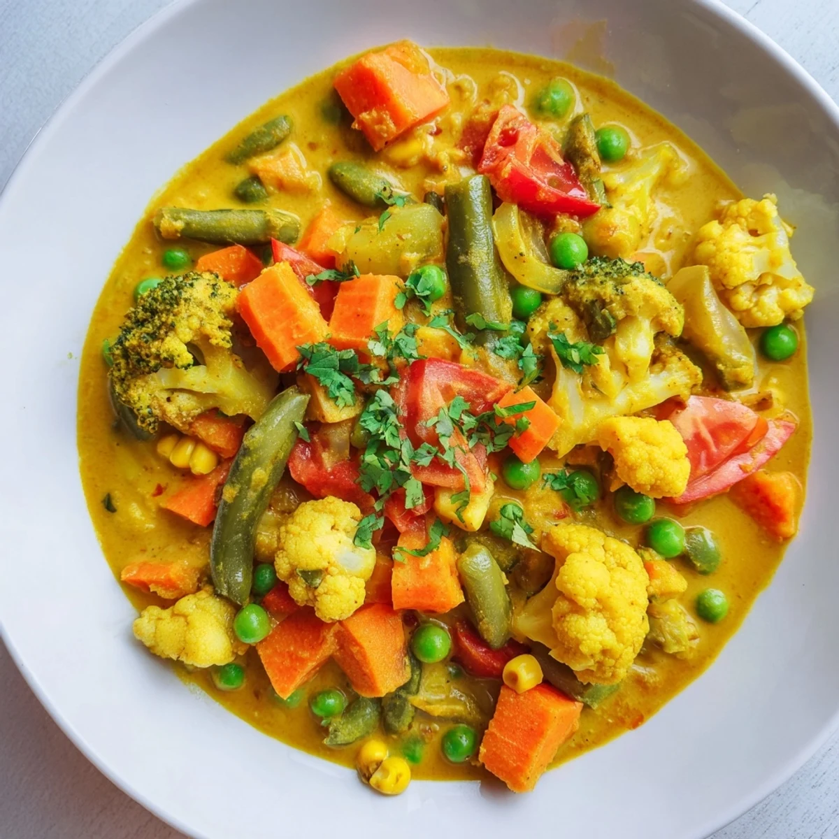 Creamy Veggie Coconut Curry, a steaming bowl of vibrant vegetables in rich coconut milk.