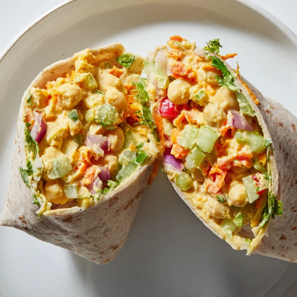 Homemade chickpea salad wraps, packed with hearty chickpeas and vibrant vegetables for a quick bite.