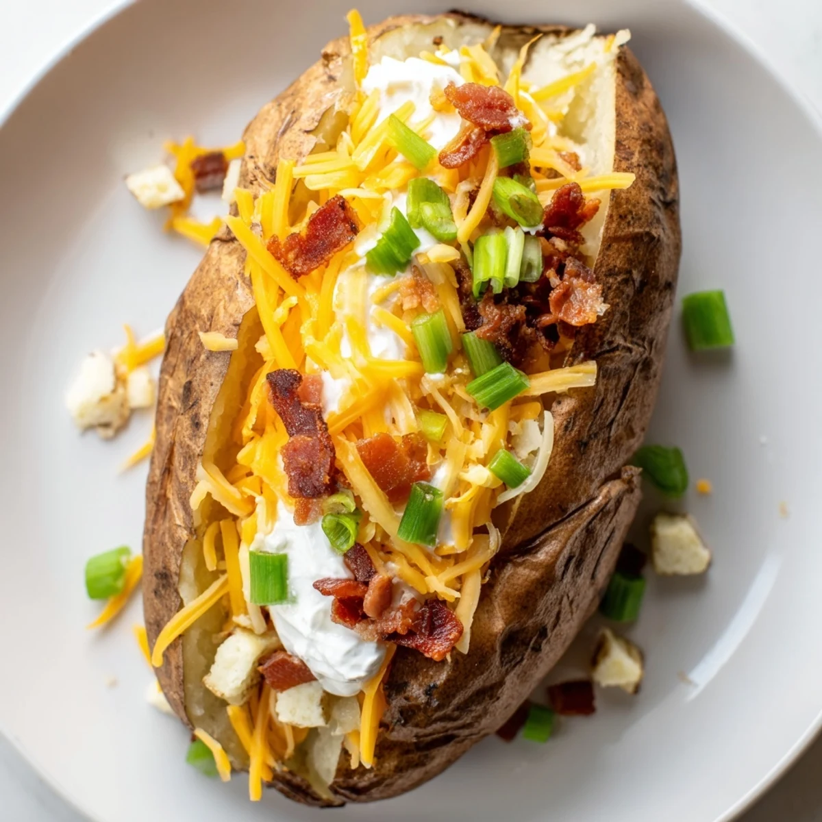 Steaming hot Baked Potato Bar with melty cheddar cheese and sour cream.
