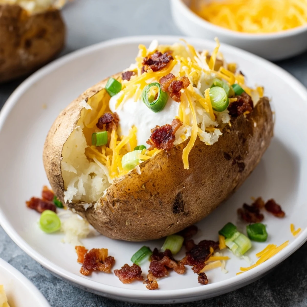 A fully loaded Baked Potato Bar with fresh salsa, bacon, and vibrant green onions.
