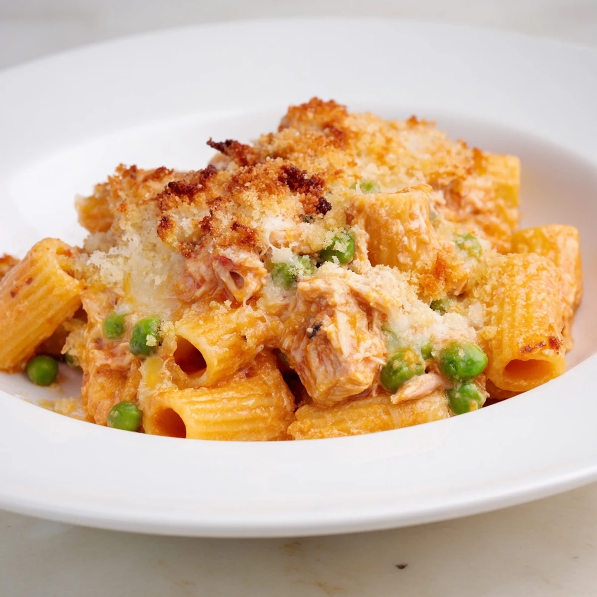 Golden-brown tuna pasta bake bubbling in a baking dish, ready for a comforting family dinner.