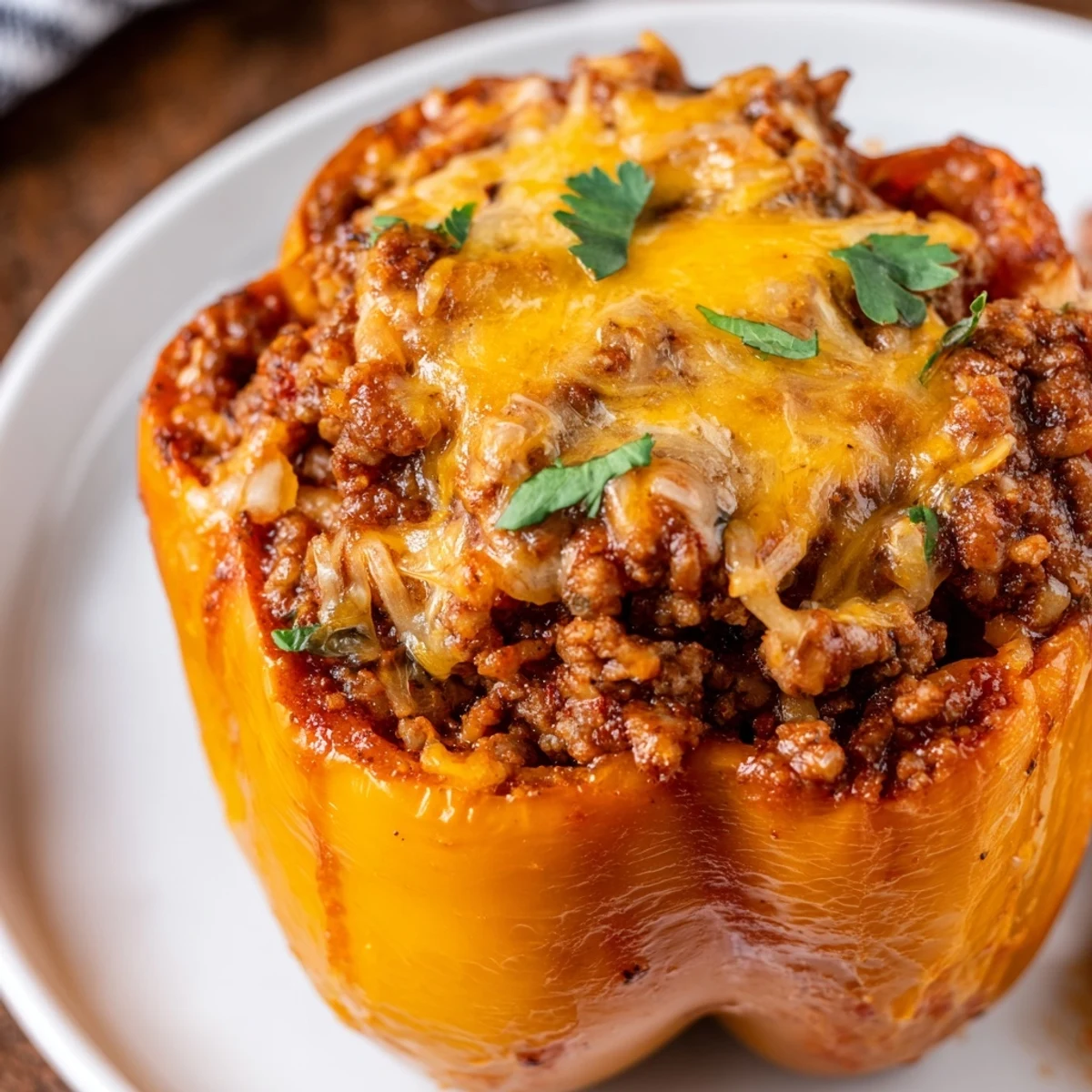 Visualize the savory Sloppy Joe stuffed into bell peppers, garnished with parsley for a flavorful meal.