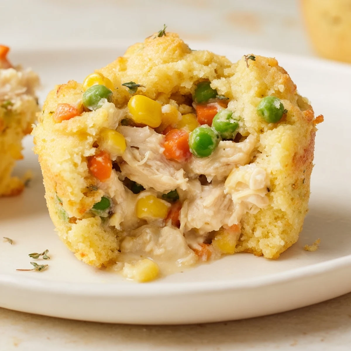 Golden-brown Mini Chicken Pot Pie Cornbread Muffins, warm and savory, ready to be enjoyed.