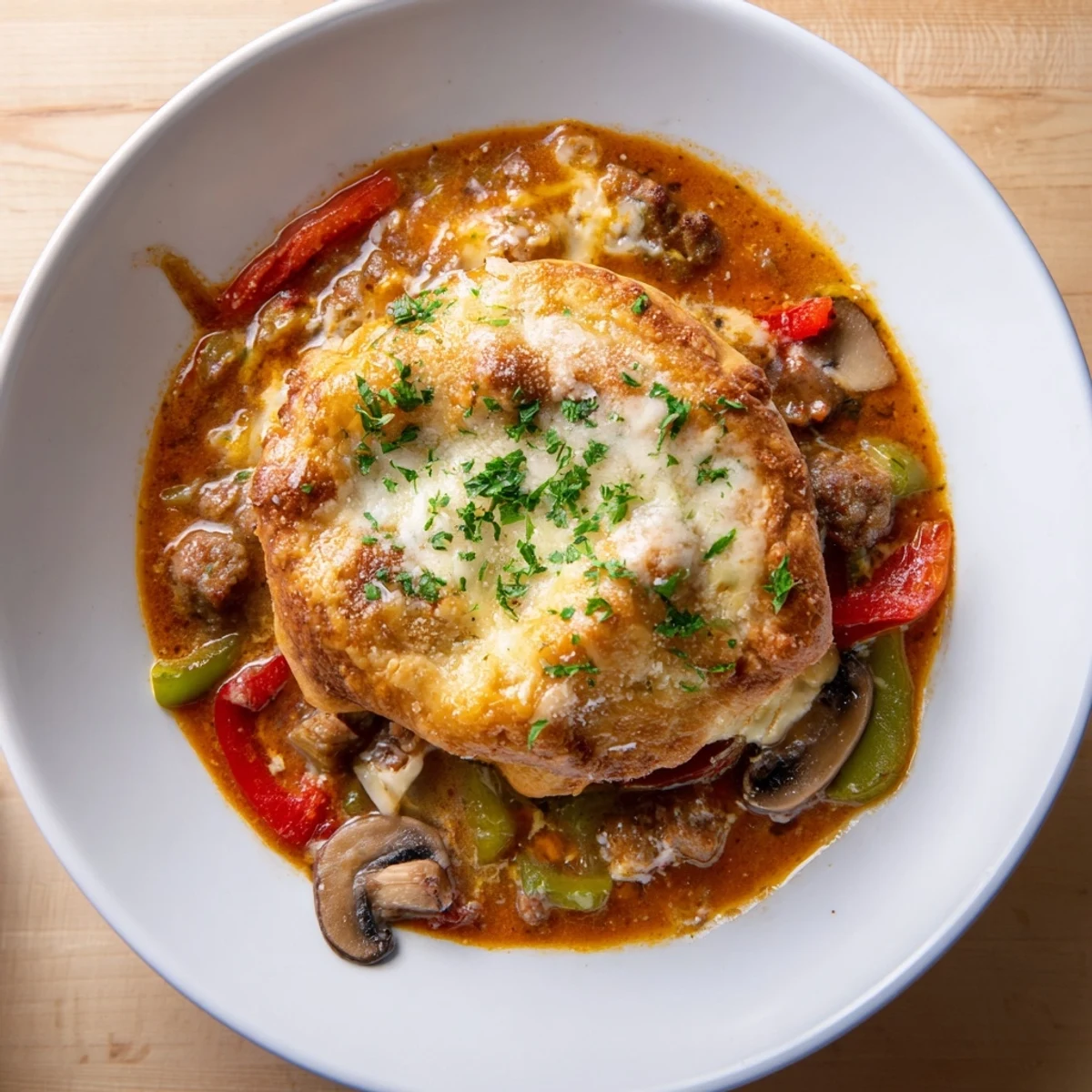 Golden, bubbly cheese and bread top this Pizza Pot Pie Soup mashup; a hearty, comforting meal.