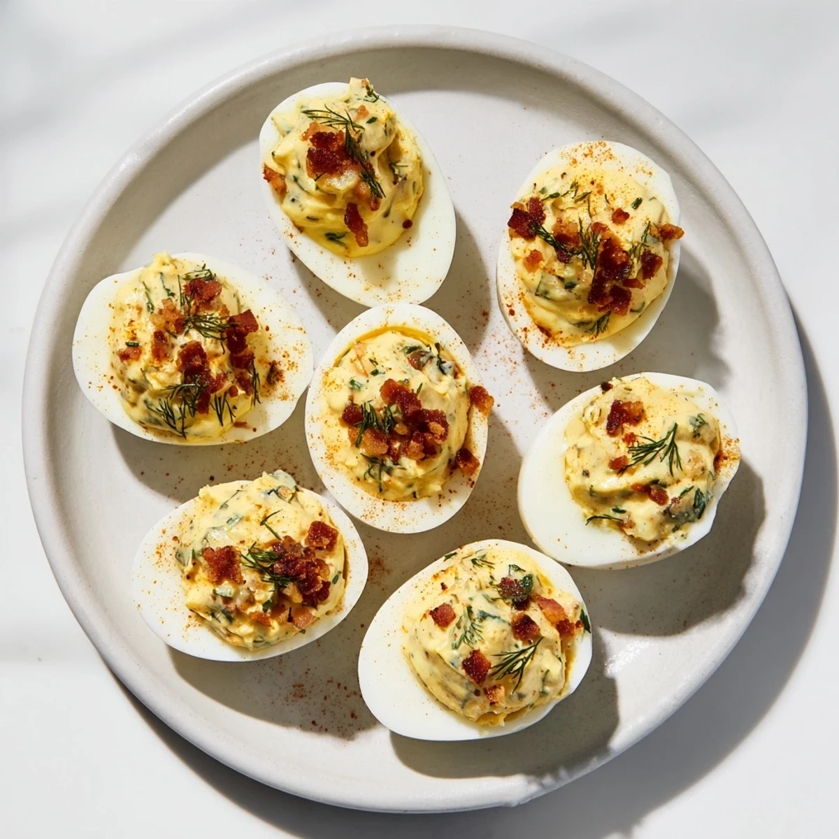 Golden paprika-dusted loaded deviled eggs, a classic appetizer with crispy bacon, dill, and pickles.