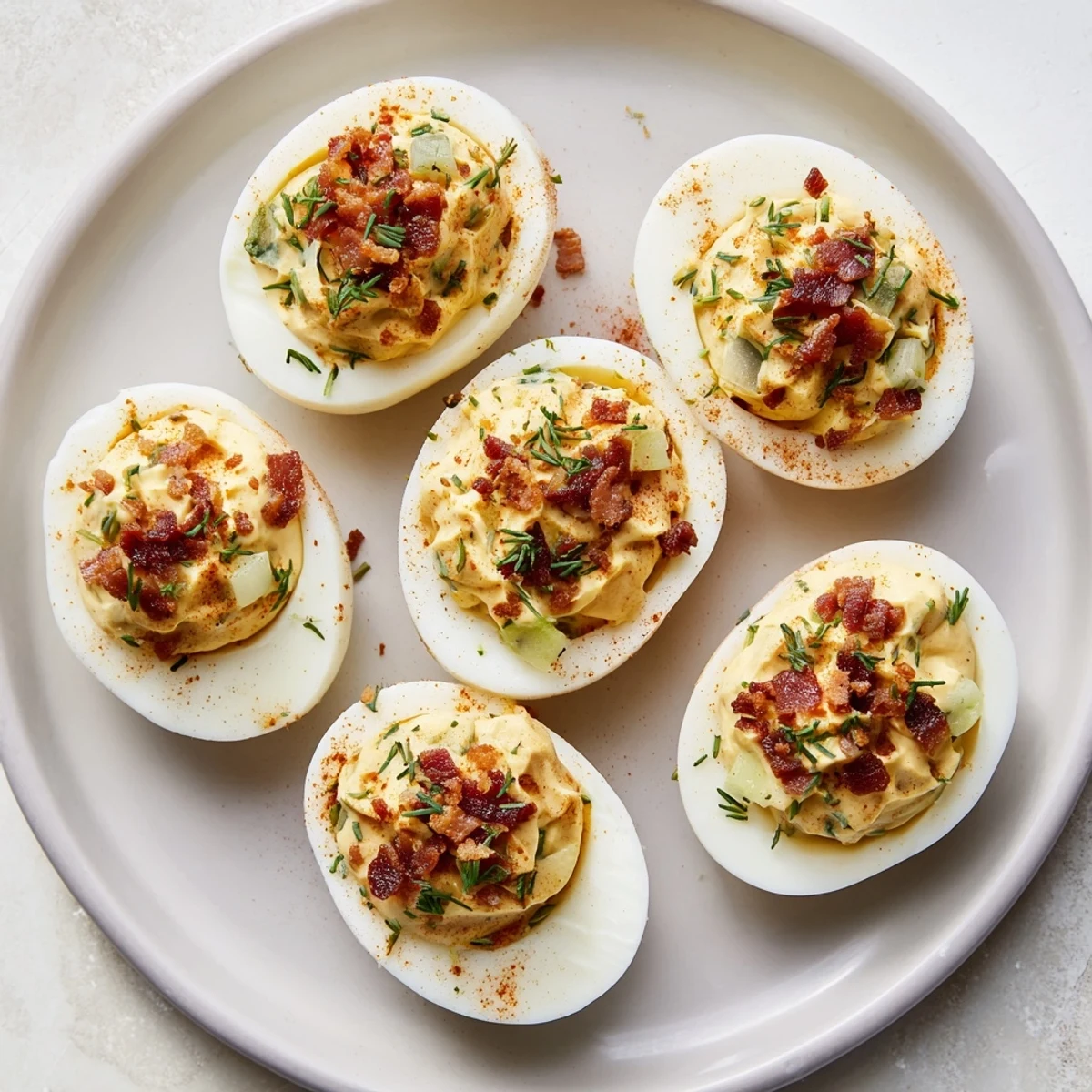 Creamy loaded deviled eggs recipe, topped with vibrant paprika, ready to serve at a party.