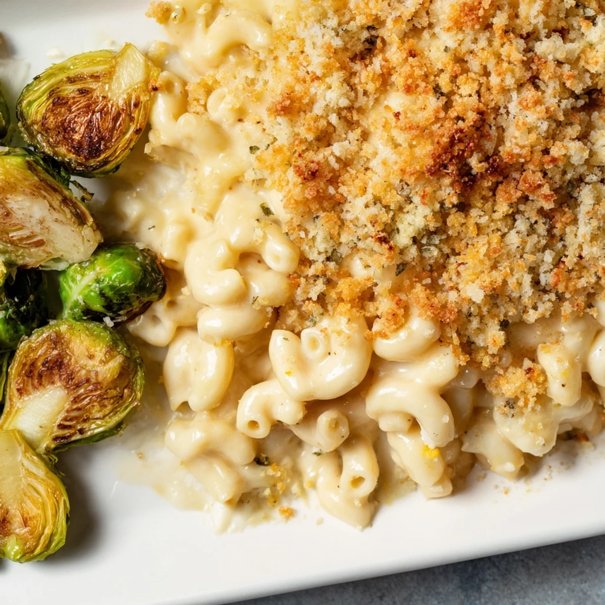Golden, bubbly Sheet Pan Mac and Cheese with crispy Brussels sprouts, ready to serve!